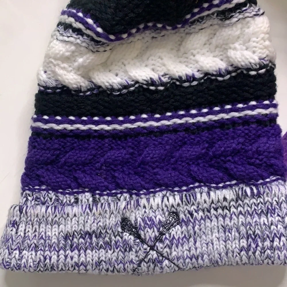Lacrosse purple & black pom-pom acrylic knit hat and Gloves set winter